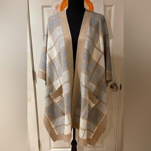 Rachel Zoe Beige Blue Cream Plaid Open-Front Poncho